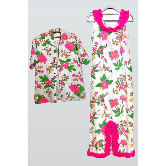 Vintage Evelyn Margolis Pink White Green Hawaiian Tropical Dress And Button Top - Picture 1 of 12